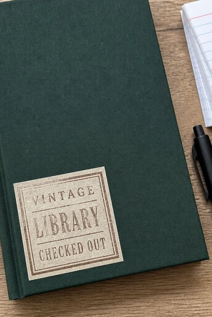 Square stamp sticker with distressed text lines and a thick border
