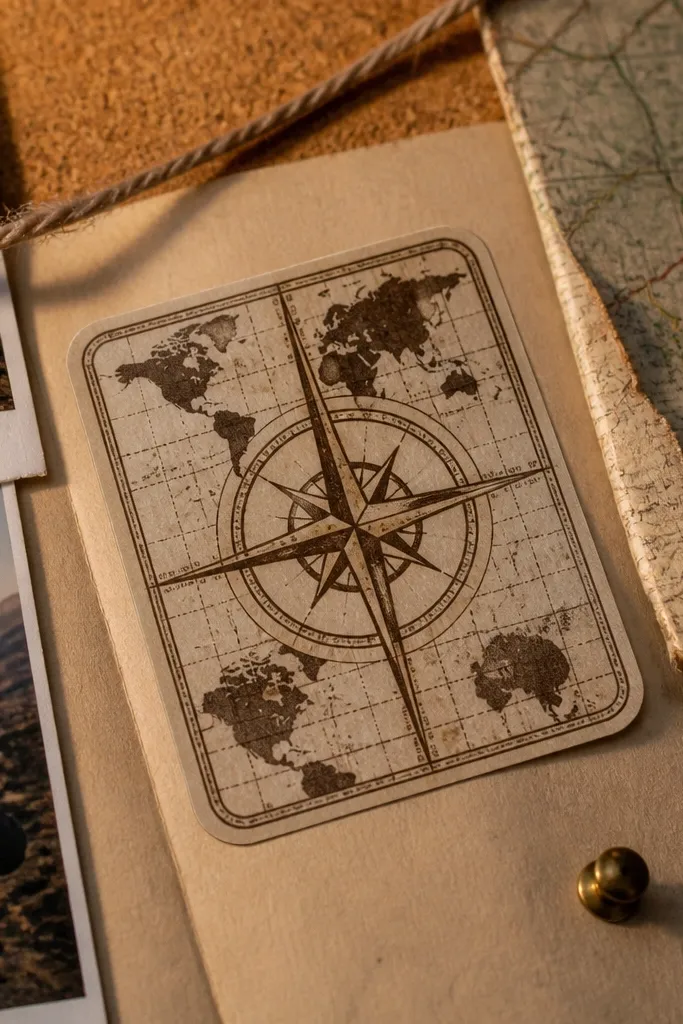 Map coordinates label with compass rose and decorative border