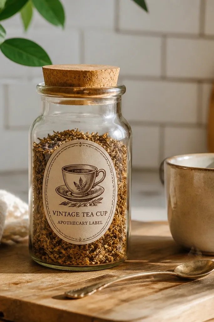 Small label sticker with a tea cup icon and ornate border
