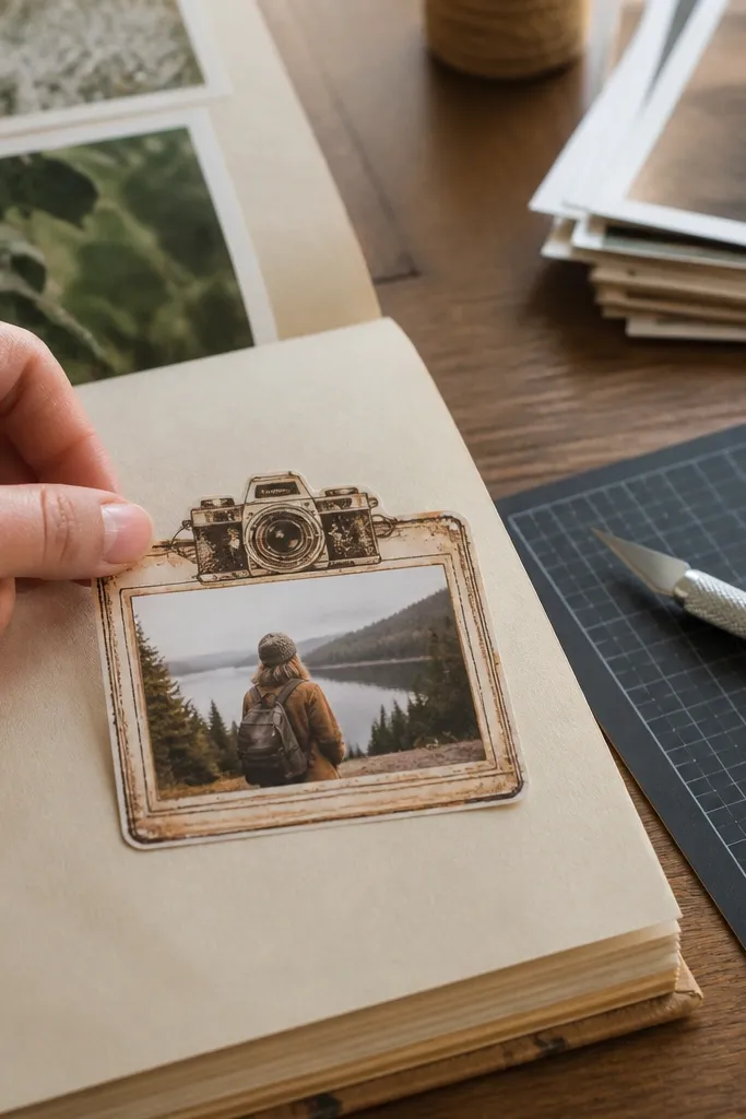 Vintage camera icon inside a frame sticker border