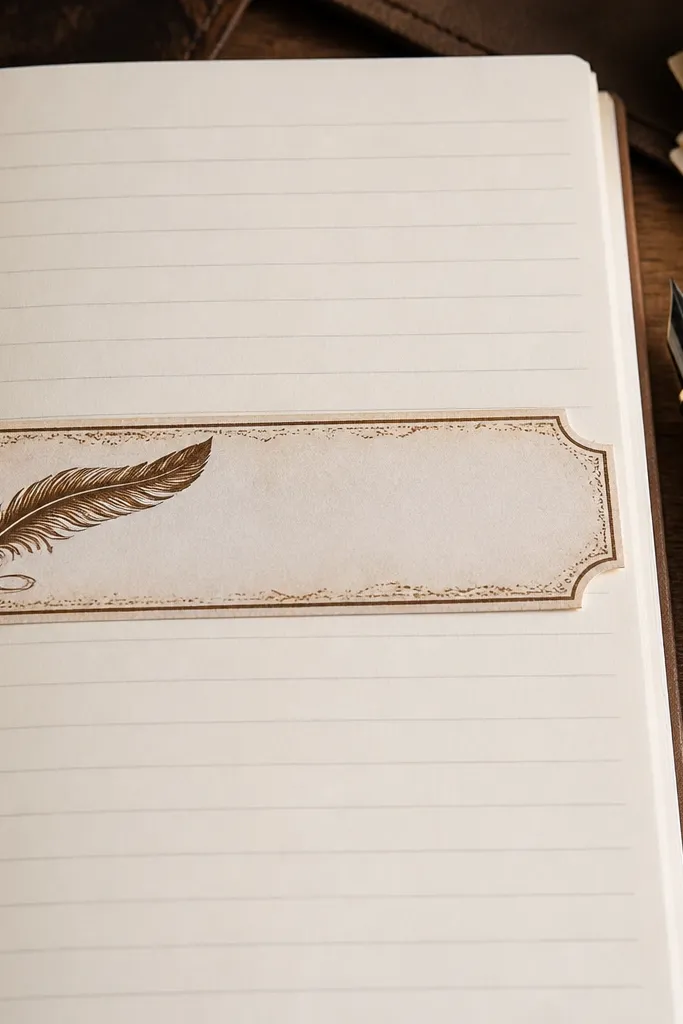Feather quill divider label sticker with distressed ink and border