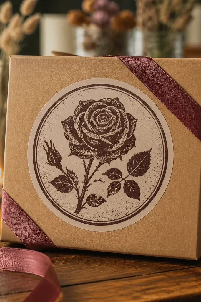 Large round rose stamp sticker with distressed border and inner text lines