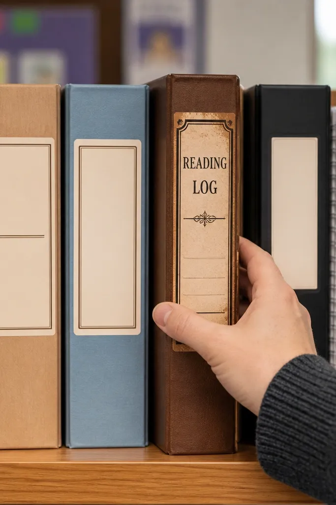 Vertical book spine label sticker with cream background and brown border