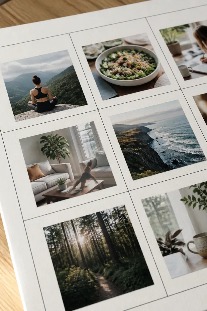 Cream paper with black photos arranged in a clean grid and slim margins