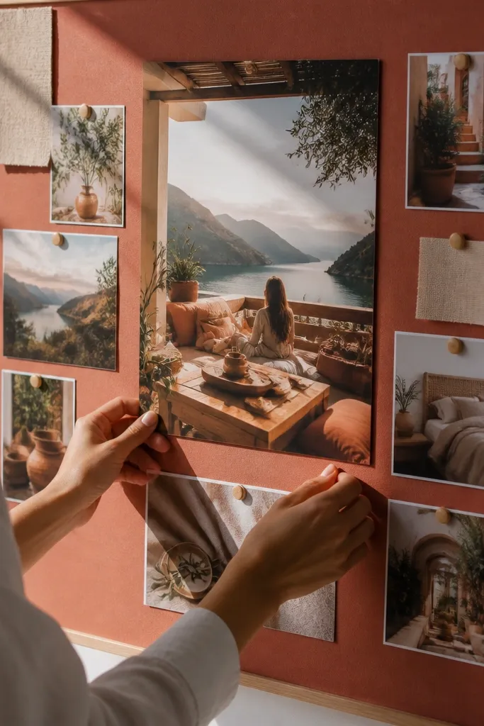 Terracotta background with one large center and smaller matching photos around it
