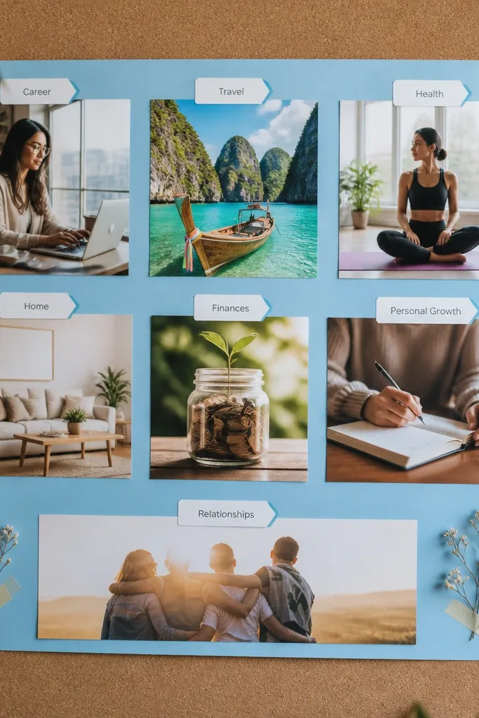 Sky blue sheet split into sections with small photos and neat white label tabs