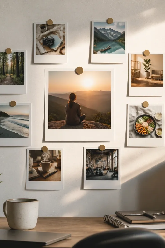 White polaroid-style prints stacked with slight offsets and soft shadows