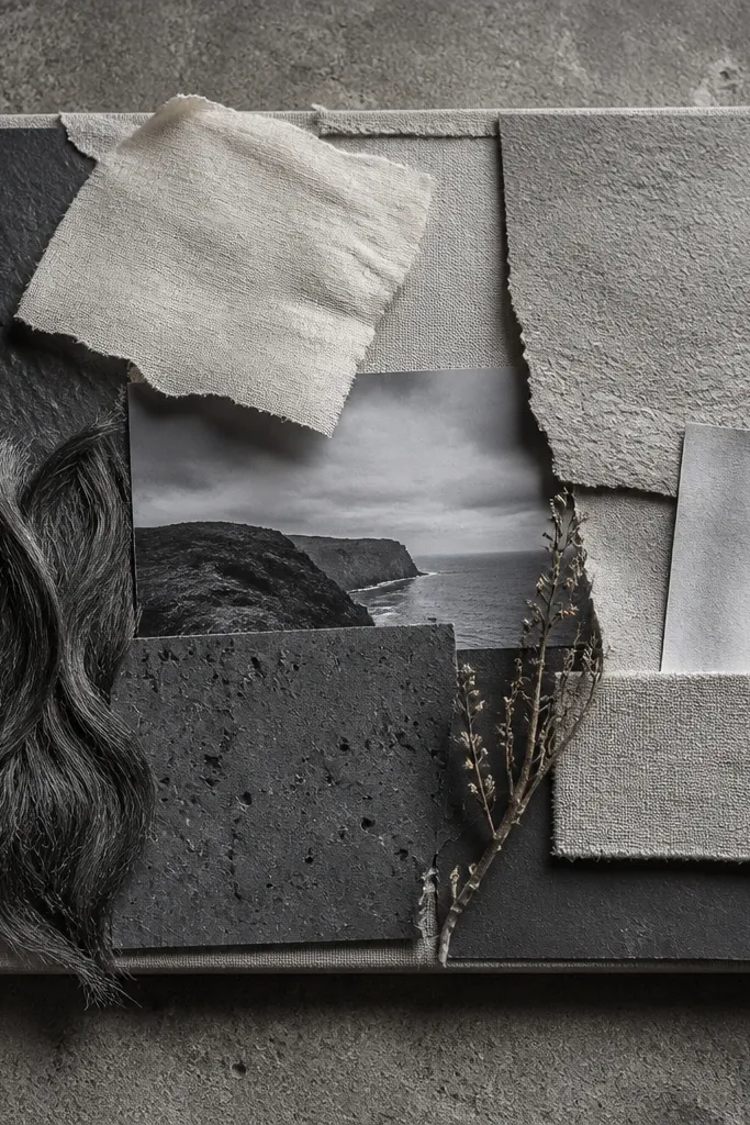 Black and gray photos with fabric-like textures and layered paper pieces