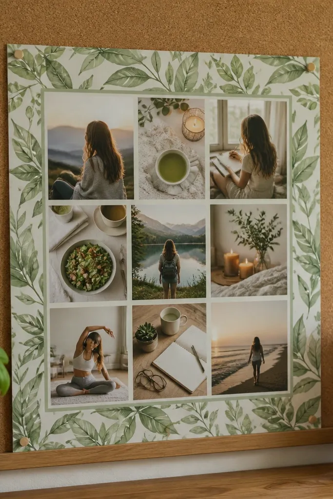 White board with a green leaf border and small botanical photos inside