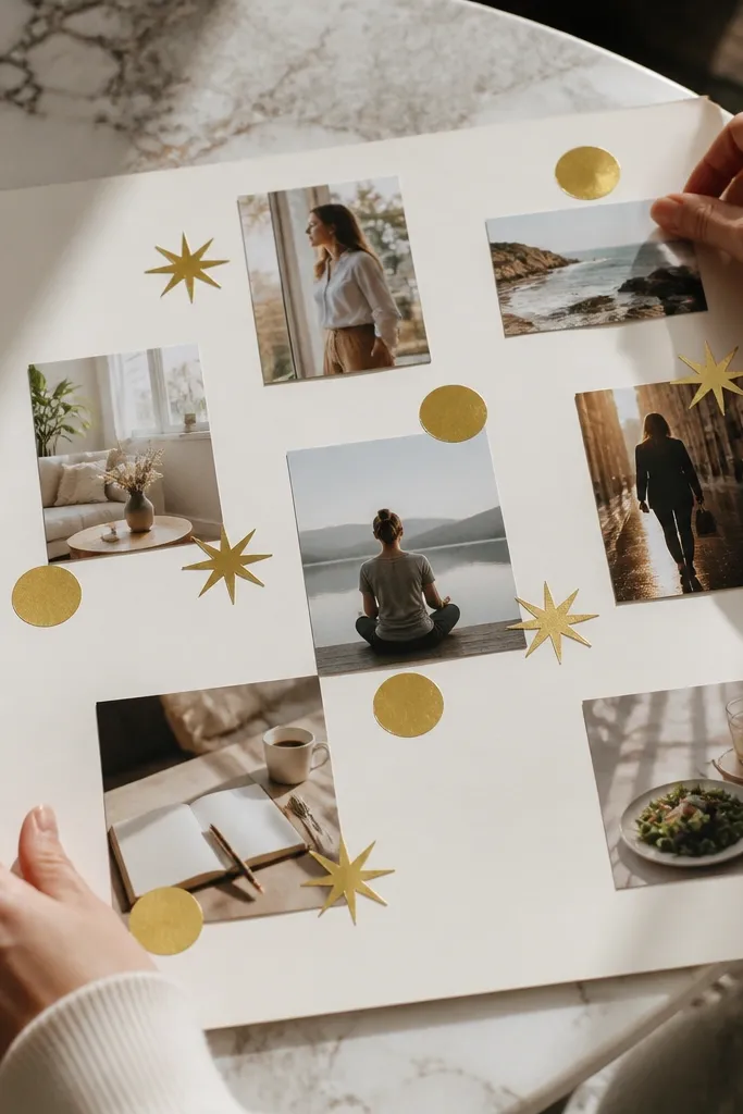Ivory paper with gold star and circle accents around printed photos