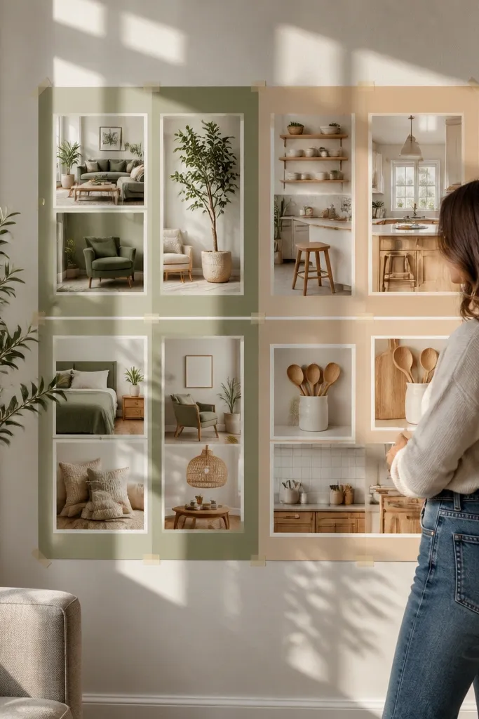 Beige board with colored blocks and interior photos in each block