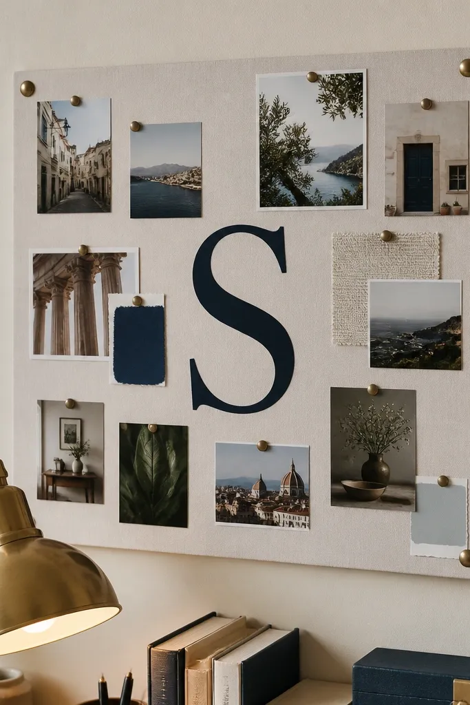 White board with one big letter and small photos arranged around it