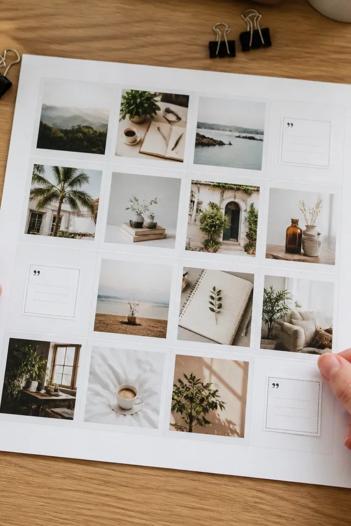 Light gray grid board with photos and small quote snippets in tiny boxes