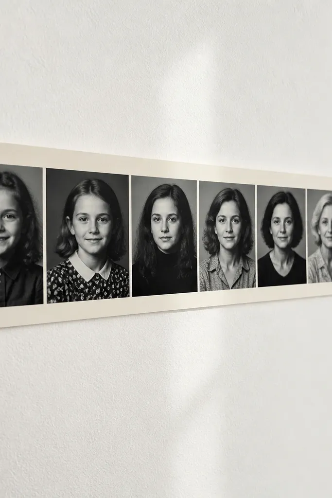 A single horizontal strip timeline with evenly spaced monochrome images