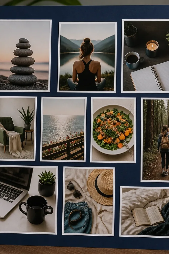 Navy background with white-bordered cutouts arranged in a neat collage