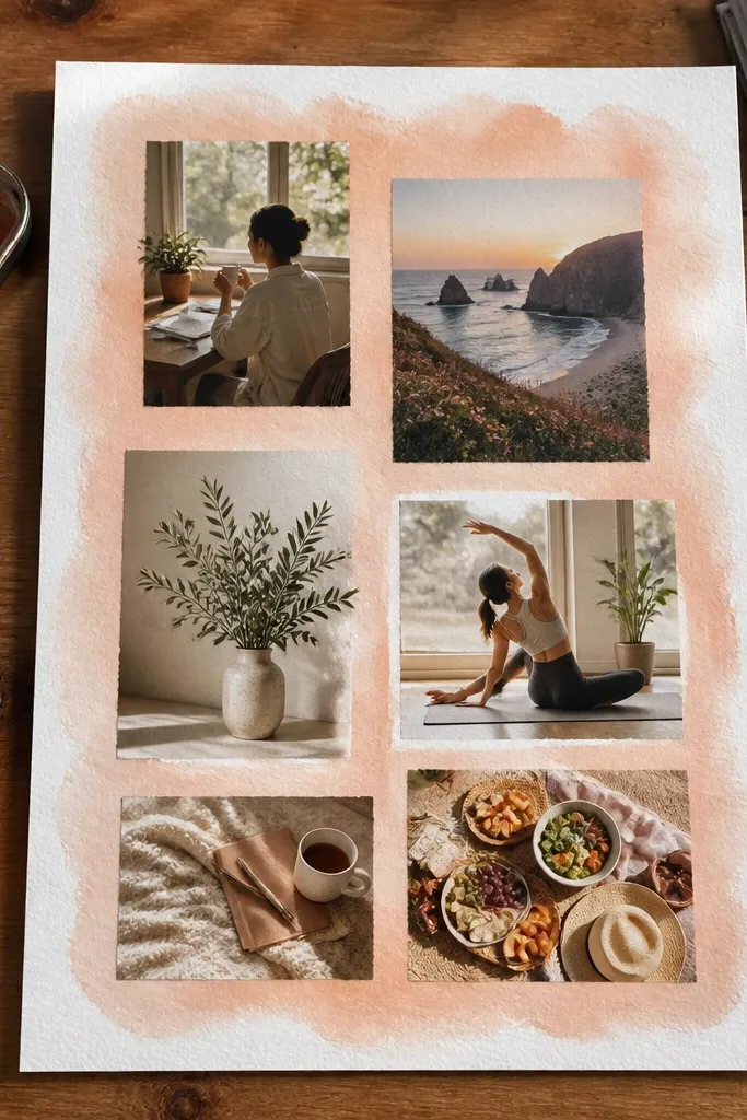 Peach watercolor-wash background with photos in soft-edged shapes