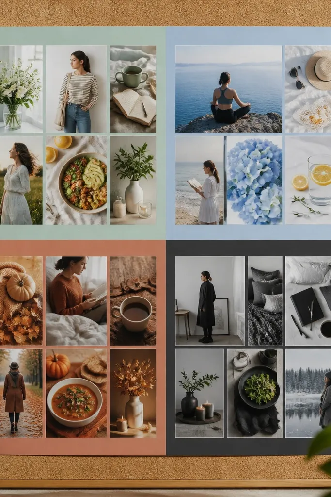 Four-quadrant board with spring, summer, fall, winter colors and photos in each section