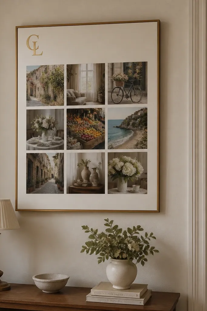 A monogram letter in one corner and a grid of photos centered on the page