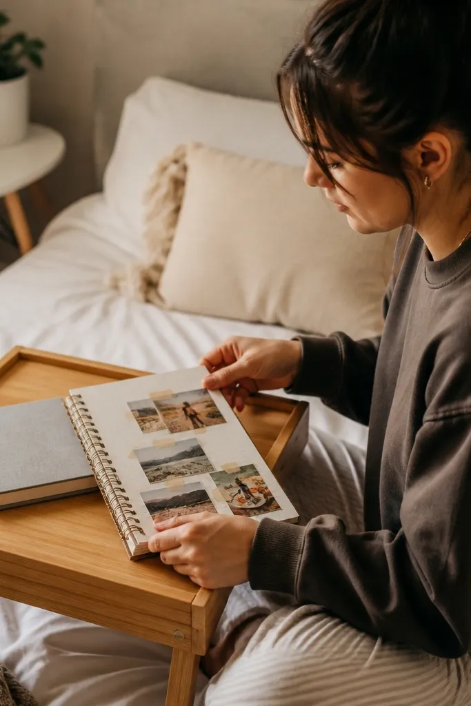 A lined-paper style background with photos taped down using faux tape strips