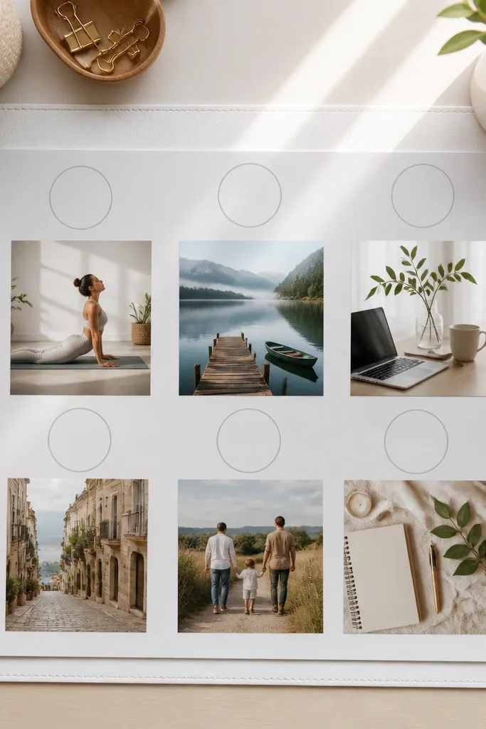White board with circle labels and small photos attached around each label