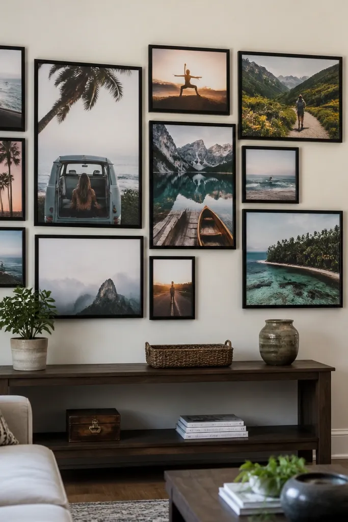 Beige background with multiple frames arranged like a gallery wall