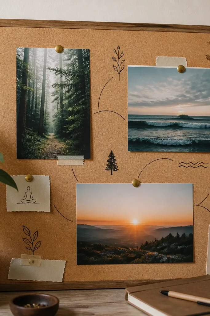 Nature photos with thin handwritten lines connecting each image to a goal word