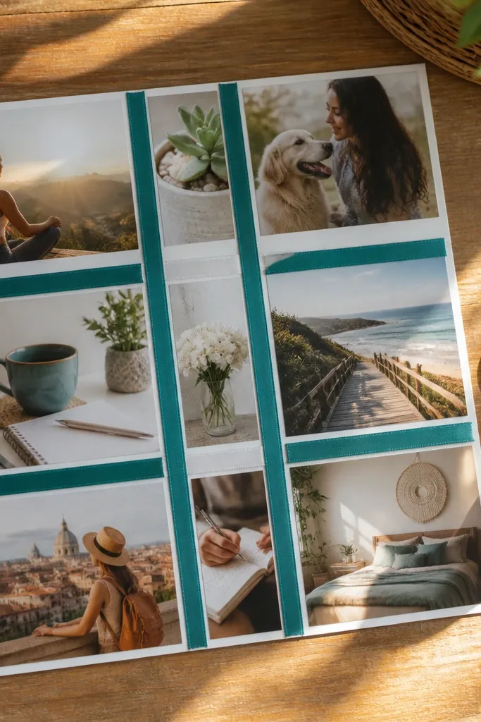 Teal ribbon dividers separating photos on a white background
