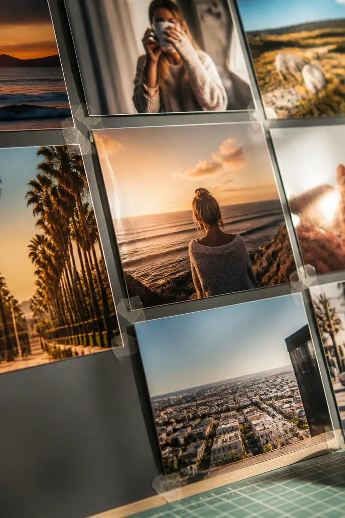 Glossy prints pinned in a collage on a cork board