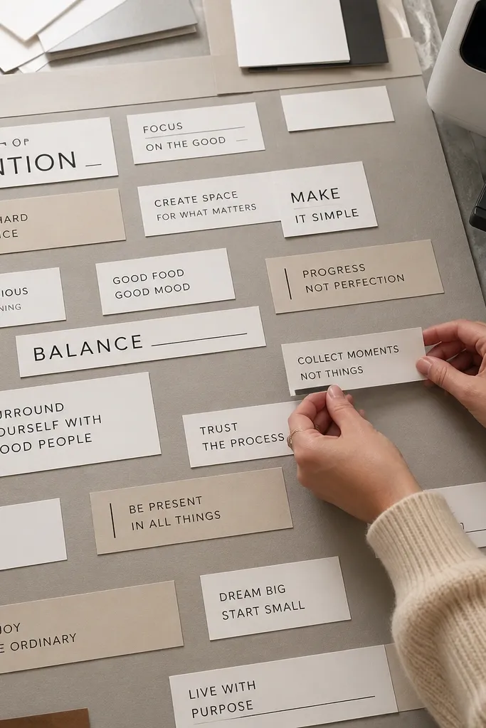 Black-and-color text cutouts on matte cardstock arranged on a board