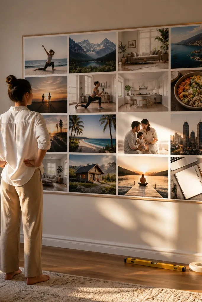 A large poster-style vision board with crisp images and clean spacing