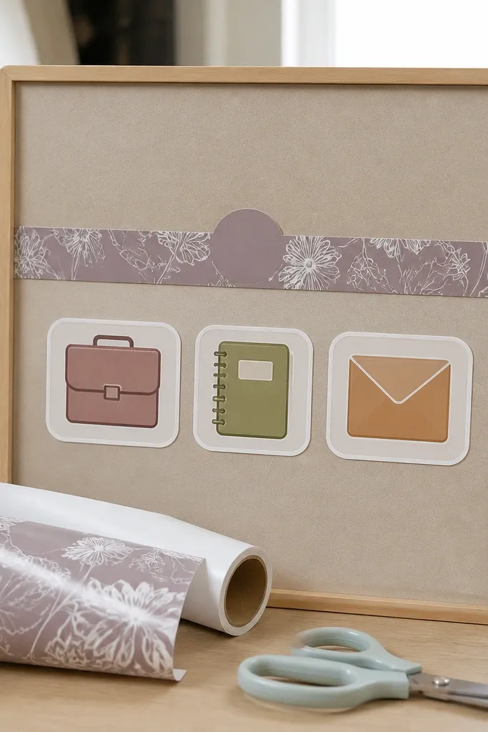 Vinyl label icons and divider strips on a vision board background