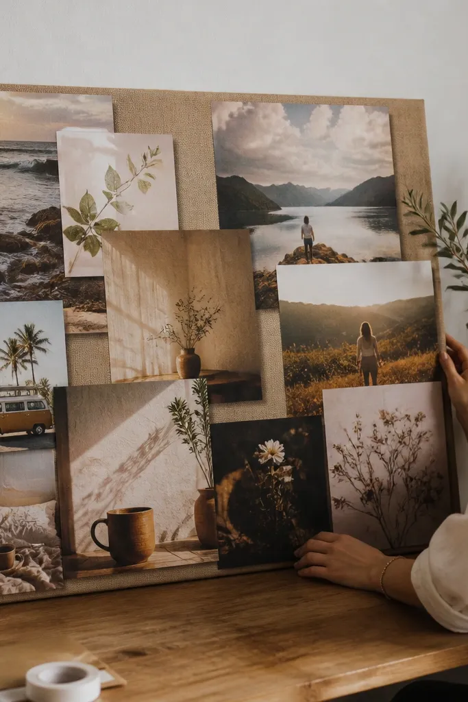 Canvas-style vision board images with visible texture mounted on a wall