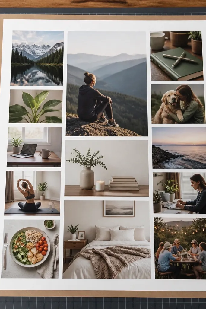 One large sheet vision board with evenly spaced images and text blocks
