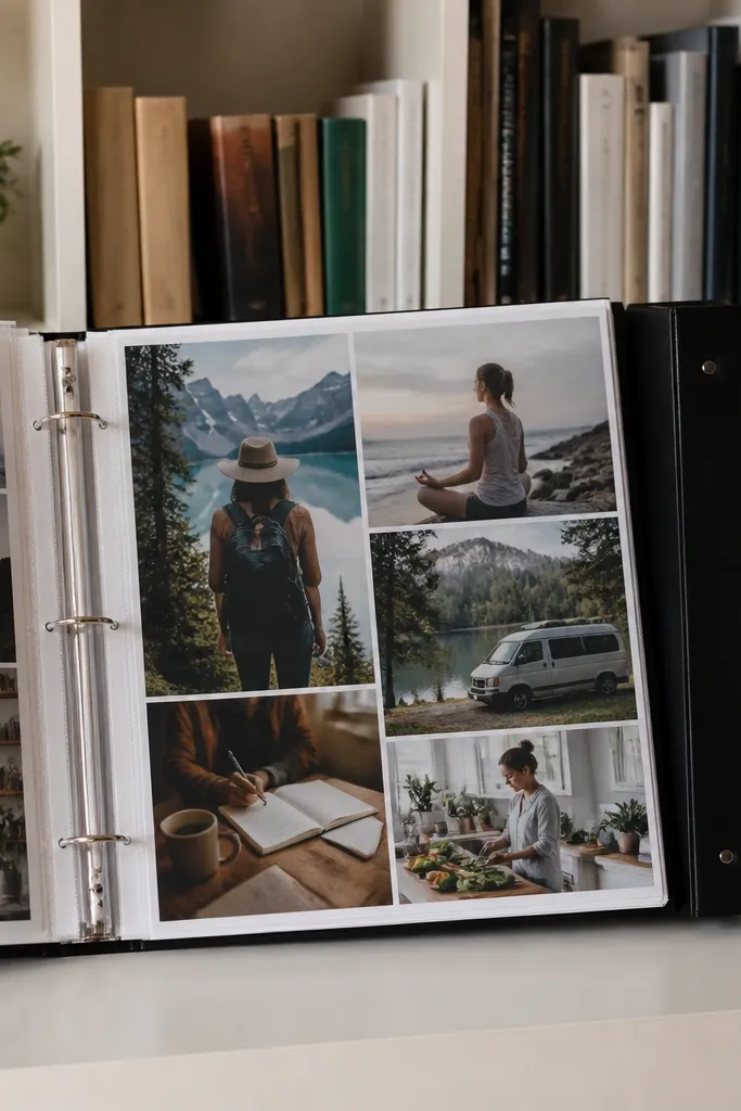 Vision board pages in a binder with printed layouts and clean edges