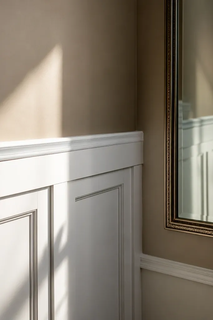 White chair rail with evenly spaced rectangular panels on a beige wall