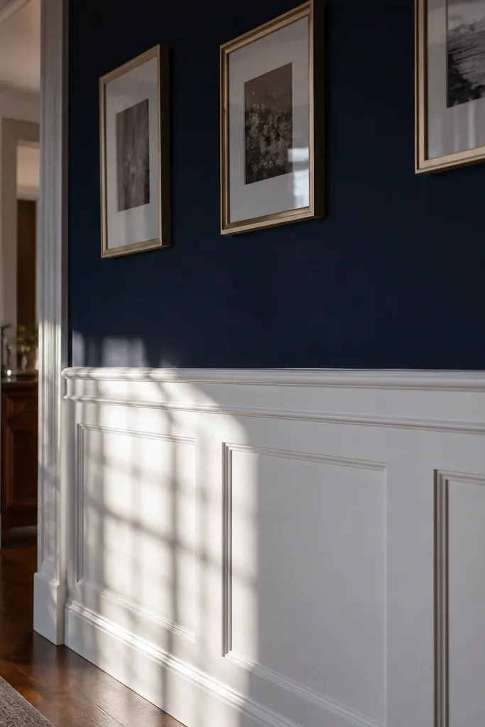 Gray wall with white wainscoting panels and a thicker top frame rail