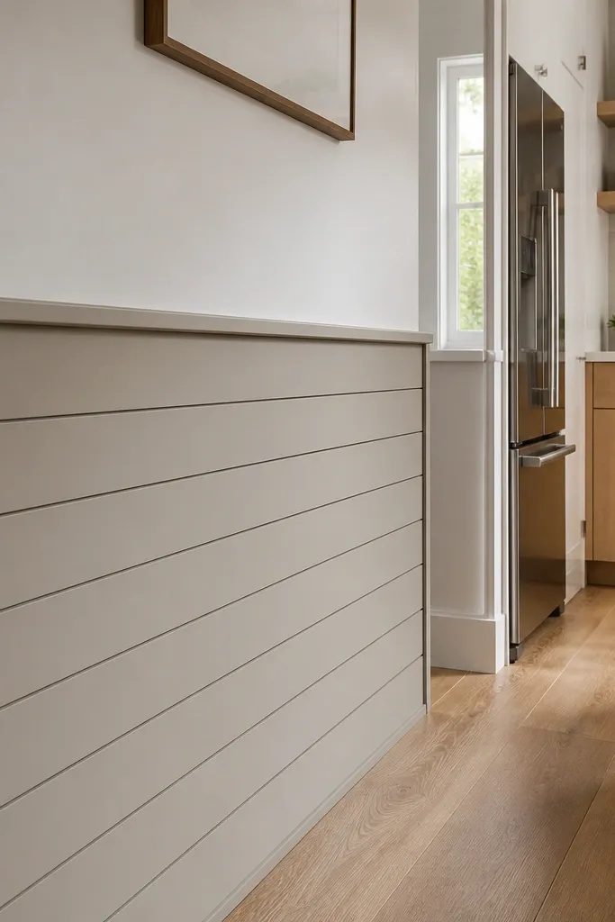 Warm wood slats arranged horizontally with a white border rail