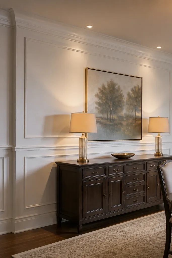 Wainscoting panels with a thicker crown-like top trim on a neutral wall