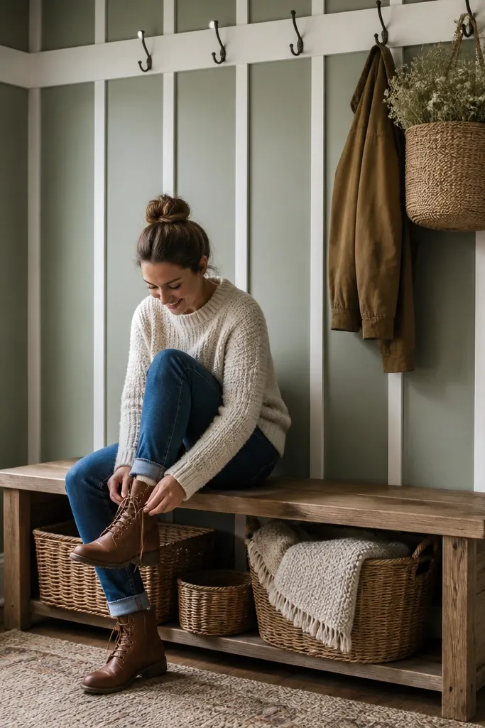 Vertical battens over a painted board wall with a horizontal chair rail