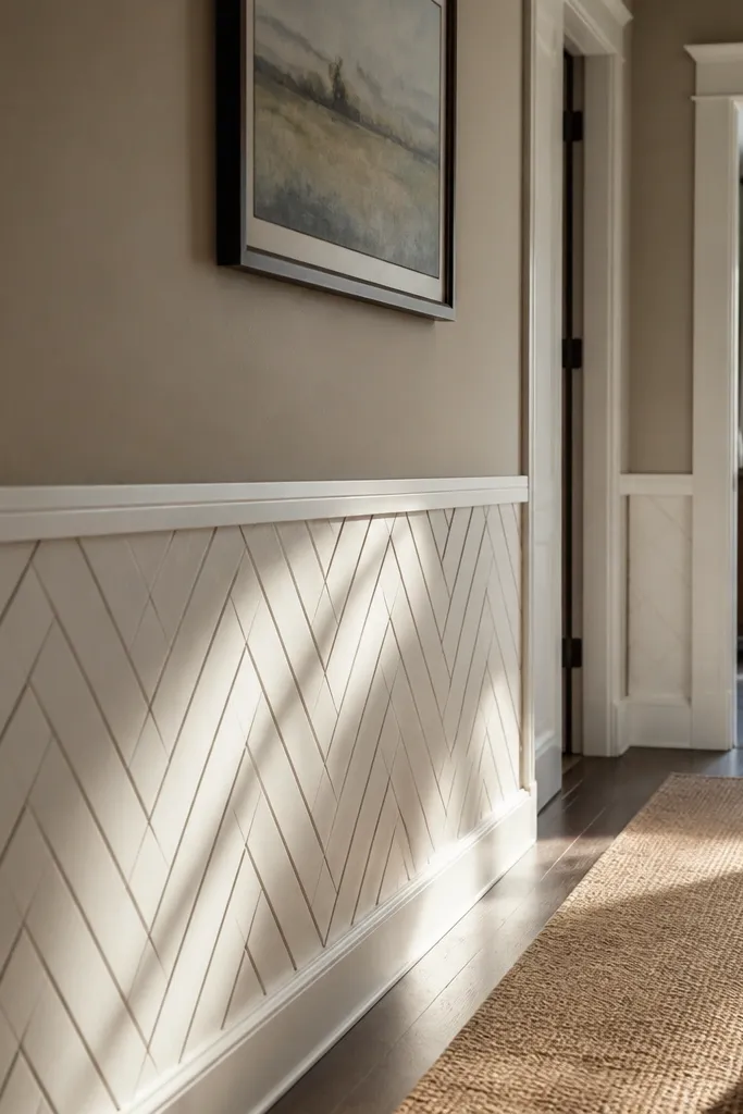 Painted herringbone pattern panels inside a wainscoting frame