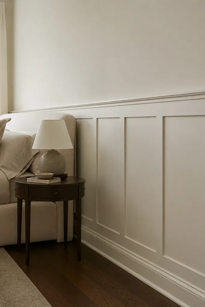 Wainscoting with a thick decorative base and simple panel frames above