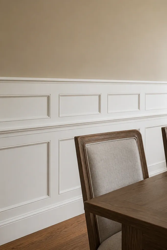 White stacked small panels separated by a mid-rail on a muted wall