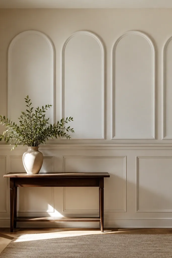 Wainscoting frames with arched tops above rectangular bottoms