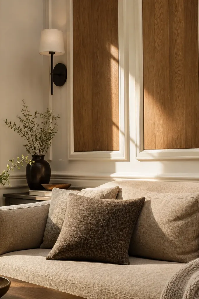 Cream painted wainscoting frames with warm wood-toned insert panels