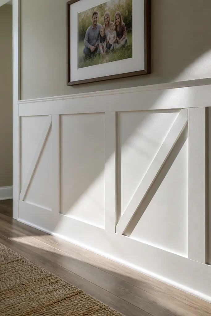 Wainscoting panels with a diagonal brace creating a subtle X pattern