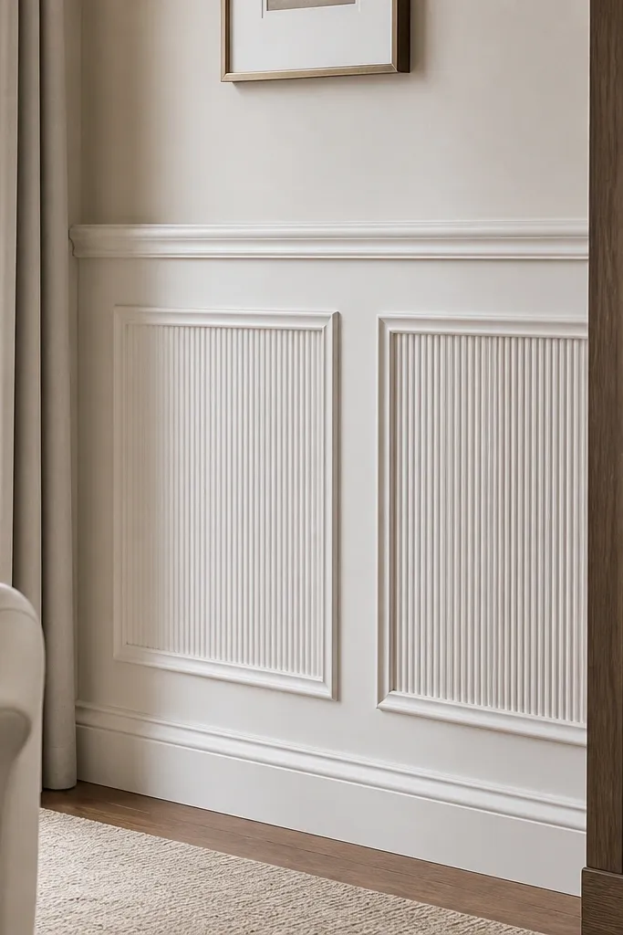 White chair rail with vertical reeded trim lines in panel bays