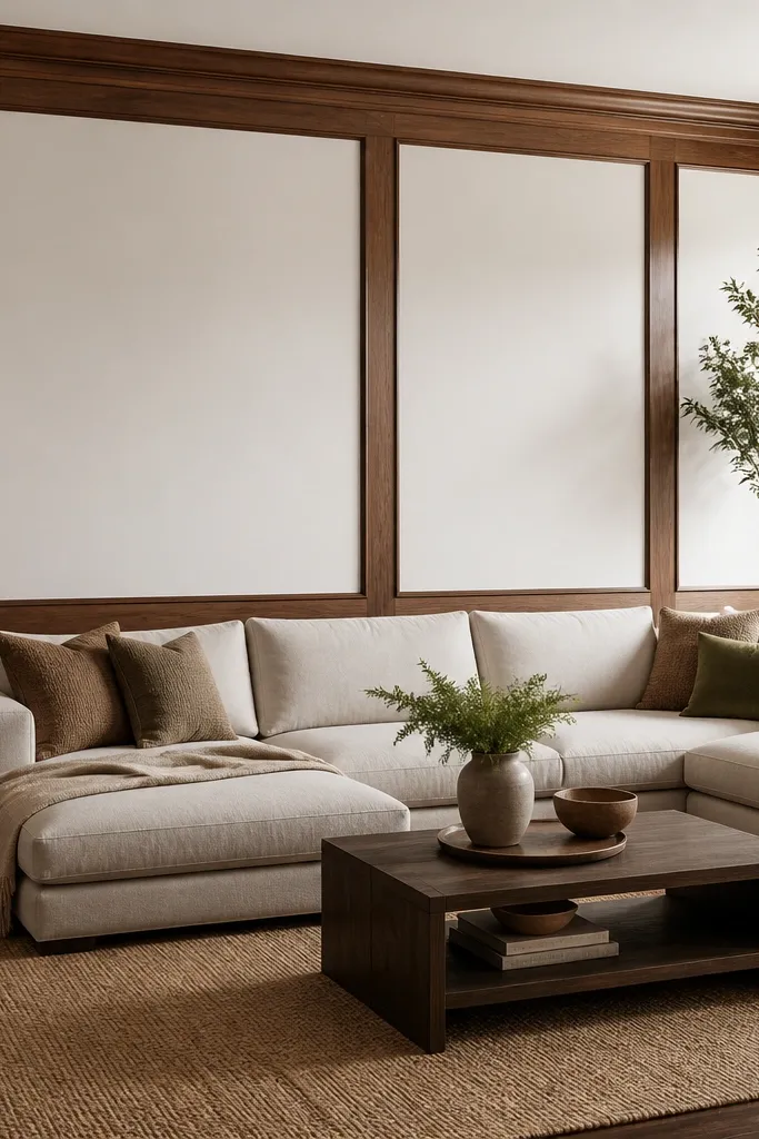 White panels framed in warm walnut-stained wood strips