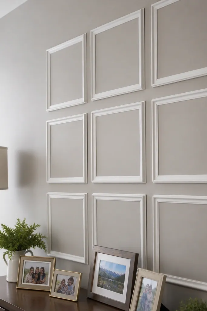White wall with evenly spaced picture frame moulding rectangles