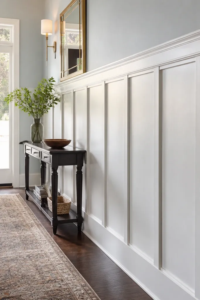 Lower wall with tall rectangular panels separated by vertical trim
