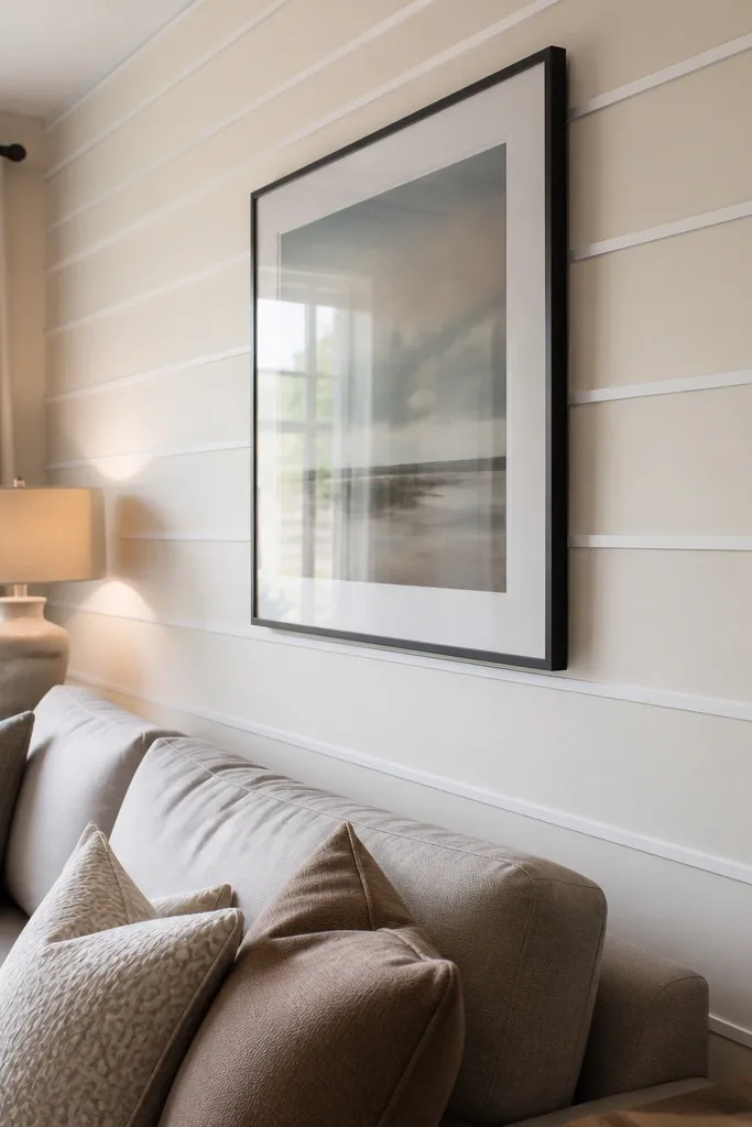 Modern wall with thin horizontal grooves made from trim strips